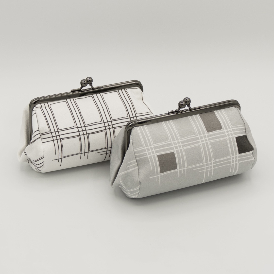 京友禅　たわら型がま口ポーチ『ONE TONE』　格子　モノトーン