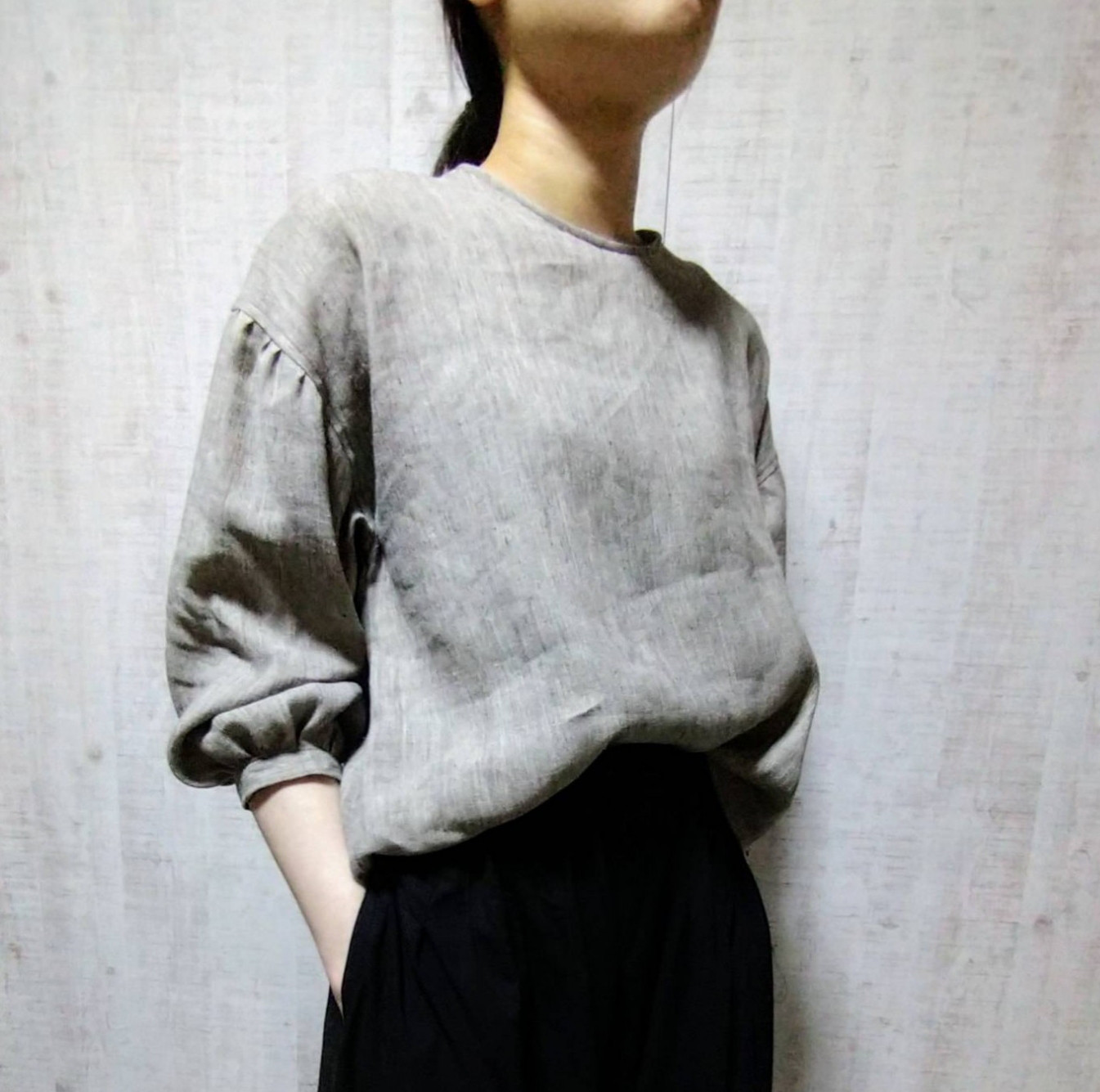 受注製作✨linen woolのたっぷりギャザー袖のブラウス　霜降りグレージュ　8分袖