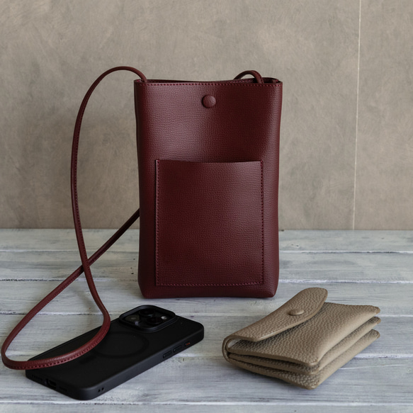義大利真皮垂直手拿包 防水輕量迷你包 單肩包 [酒紅色] 第1張的照片
