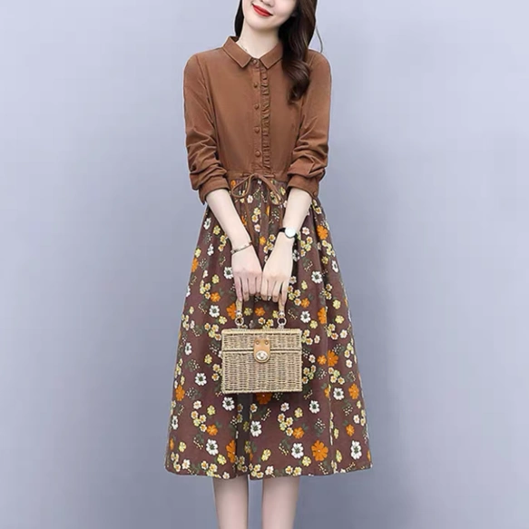 秋 長袖 ワンピース 綿ワンピース 花柄プリント 着痩せ お洒落 お出掛け 春