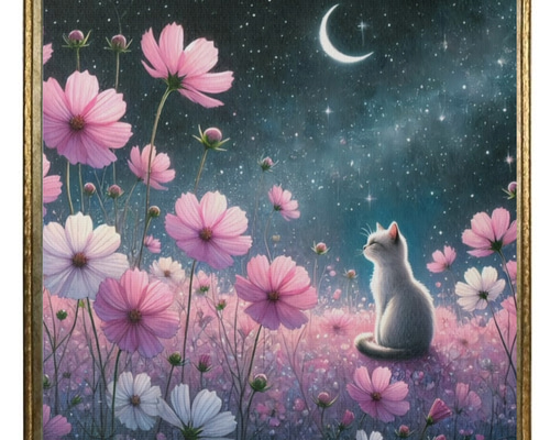 布ポスター】【送料無料】コスモス宇宙のコスモス畑で星空を眺める猫