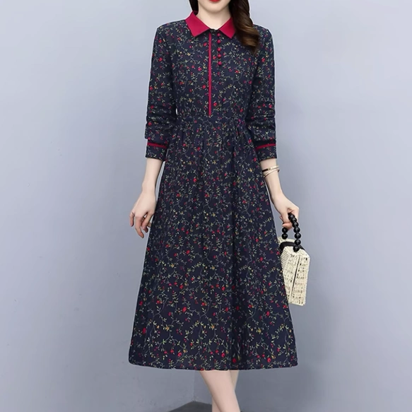 秋 長袖 ワンピース 綿ワンピース 花柄プリント 着痩せ お洒落 お出掛け 春