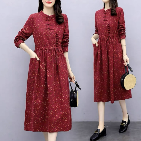 秋 長袖 ワンピース 綿ワンピース 花柄プリント 着痩せ お洒落 お出掛け 春