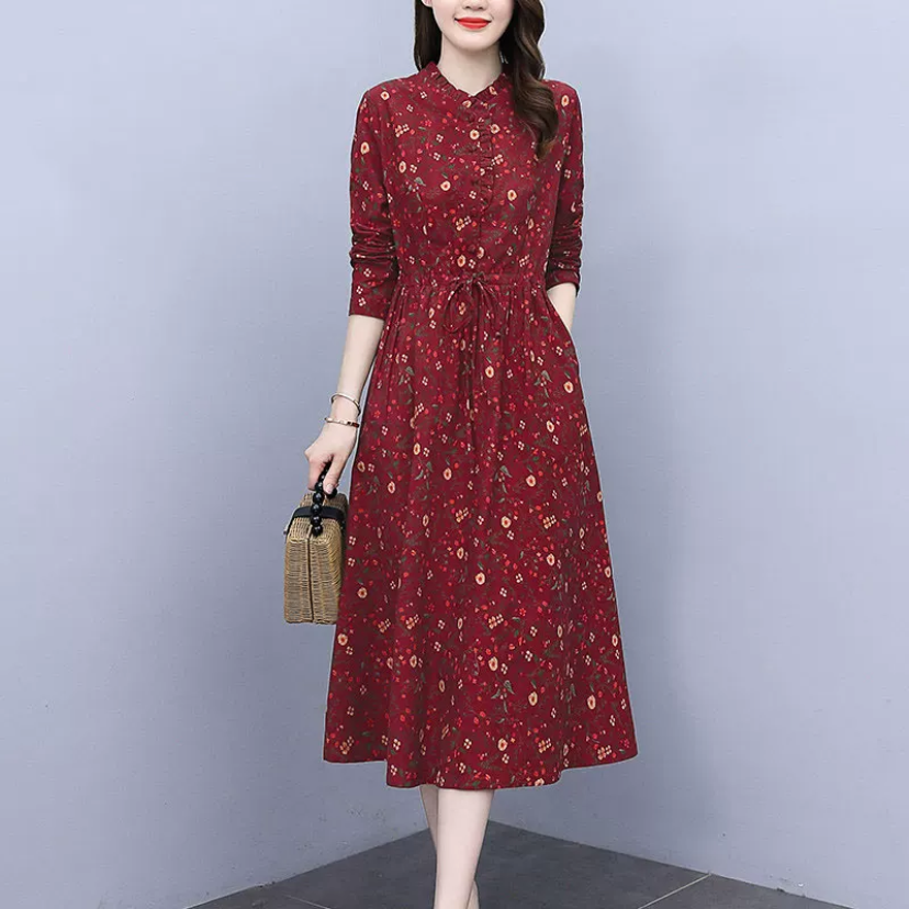 秋 長袖 ワンピース 綿ワンピース 花柄プリント 着痩せ お洒落 お出掛け 春