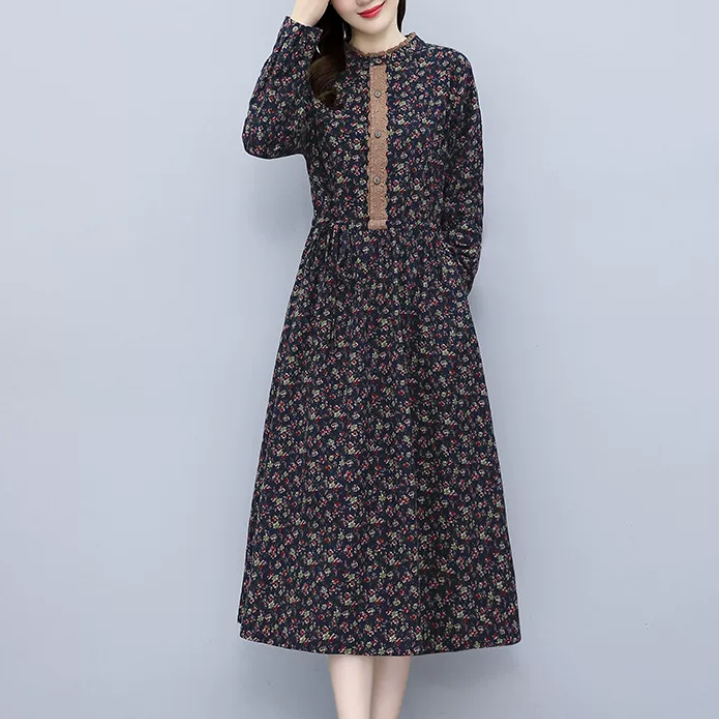 秋 長袖 ワンピース 綿ワンピース 花柄プリント 着痩せ お洒落 お出掛け 春