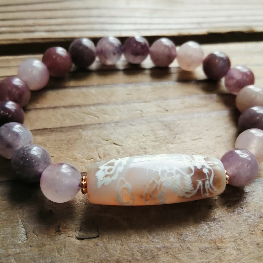 受注制作◆白瑪瑙龍神天珠＆パープルボツワナアゲートのブレスレット 8500円