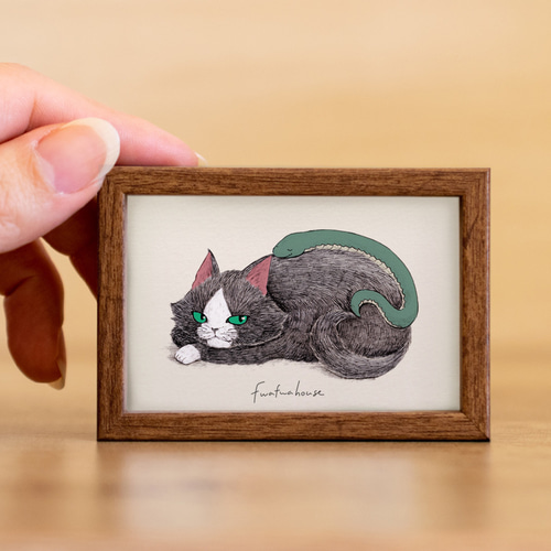 ハチワレ 猫 原画 クレヨン画 ハチワレ猫のオクト すっかり仲良し ミニイラストフレーム ミニ
