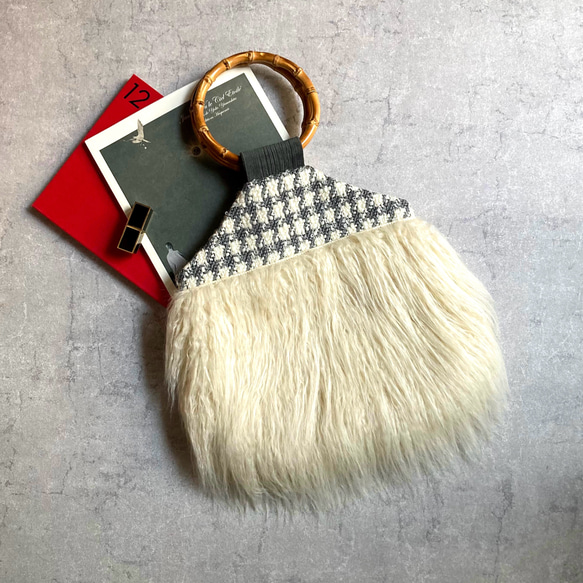 チベットラムファーとチェックのバンブートート＞ バンブーバッグ  