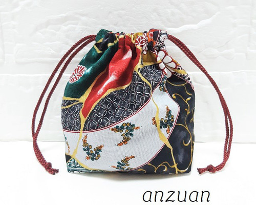 和柄 金継ぎ物語 ミニ巾着(ブラック×グリーン系)B 巾着袋 anzuan 通販
