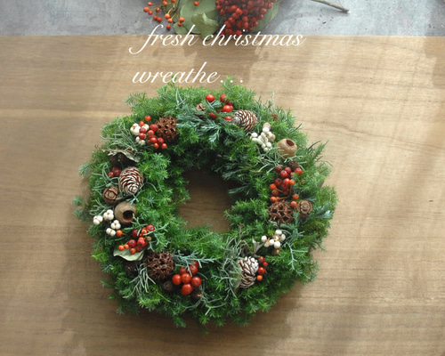 生針葉樹Xmasリース✴︎直径28cm~生の針葉樹✴︎野バラの実✴︎~ご指定