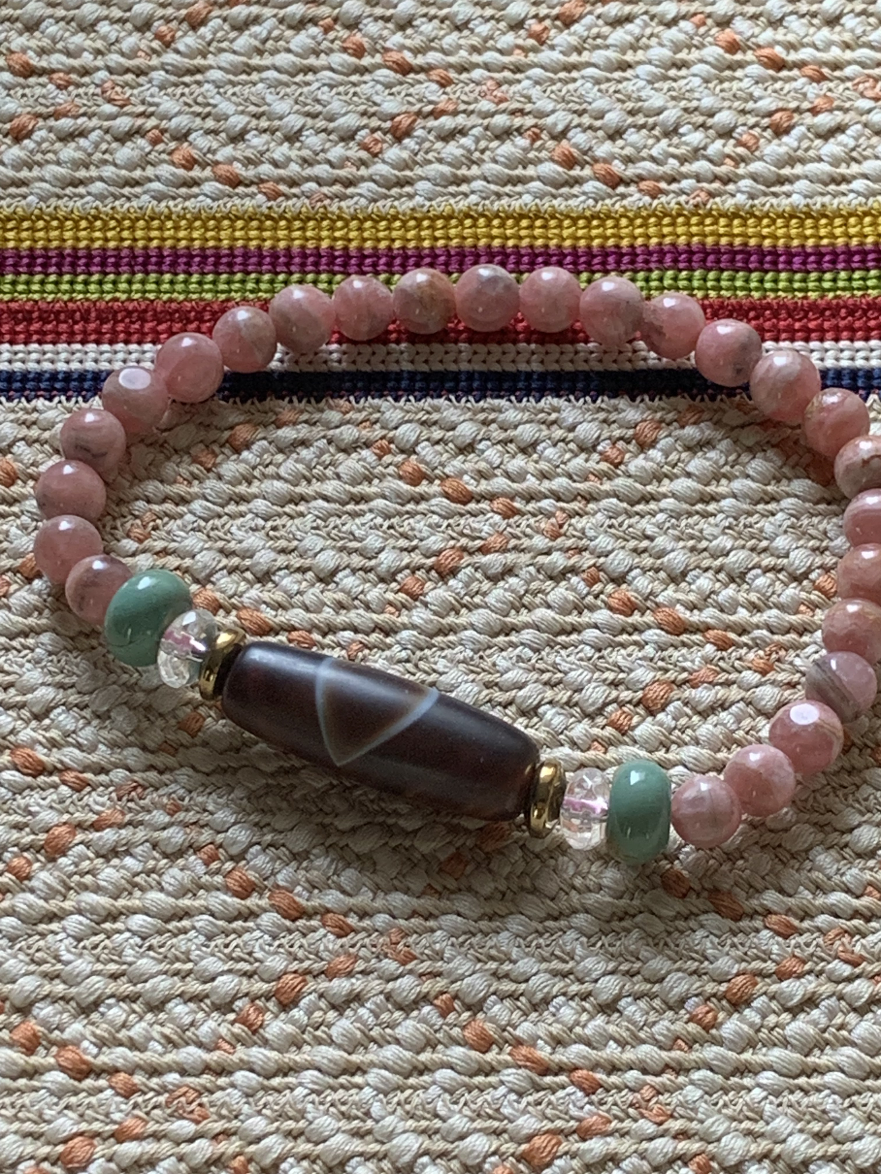 天然鳳眼柄 西蔵瑪瑙天珠とナチュラルターコイズ、ビンテージインカローズのブレスレット