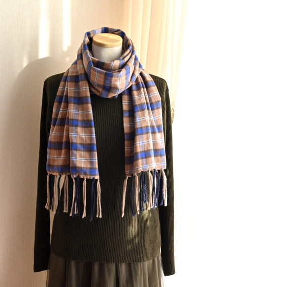 DRAKES マフラー ブルー系×ブラウン系チェック DRAKES マフラー ブルー