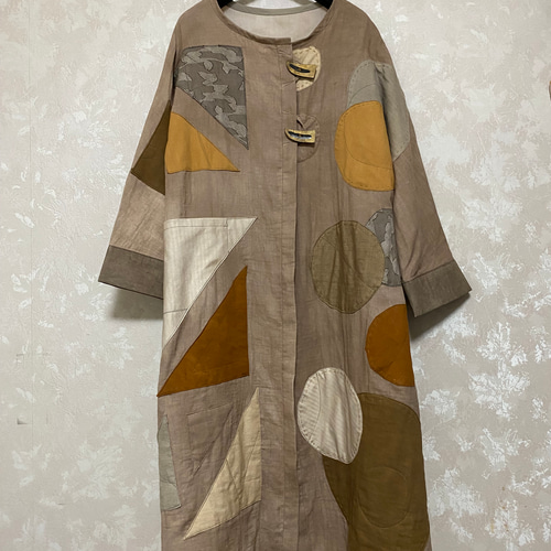 204.○△□のコート(柿渋染め)個性的、パッチ、裏付き、男女兼用