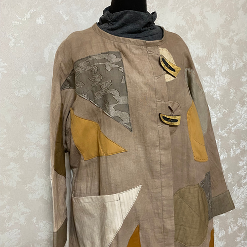 204.○△□のコート(柿渋染め)個性的、パッチ、裏付き、男女兼用