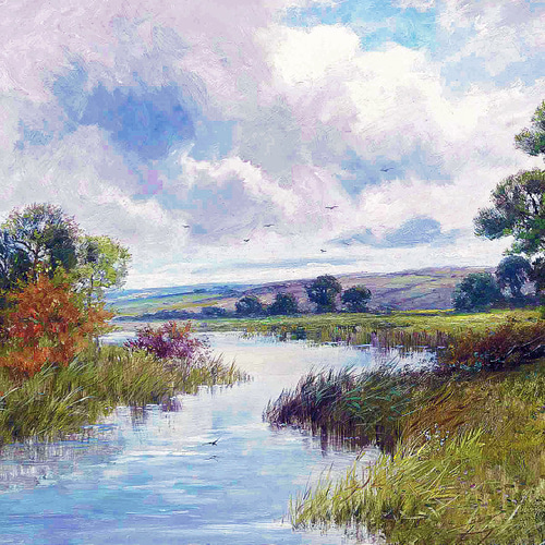 牛のいる川の風景画 A4 イギリスのアート（牛のいる風景