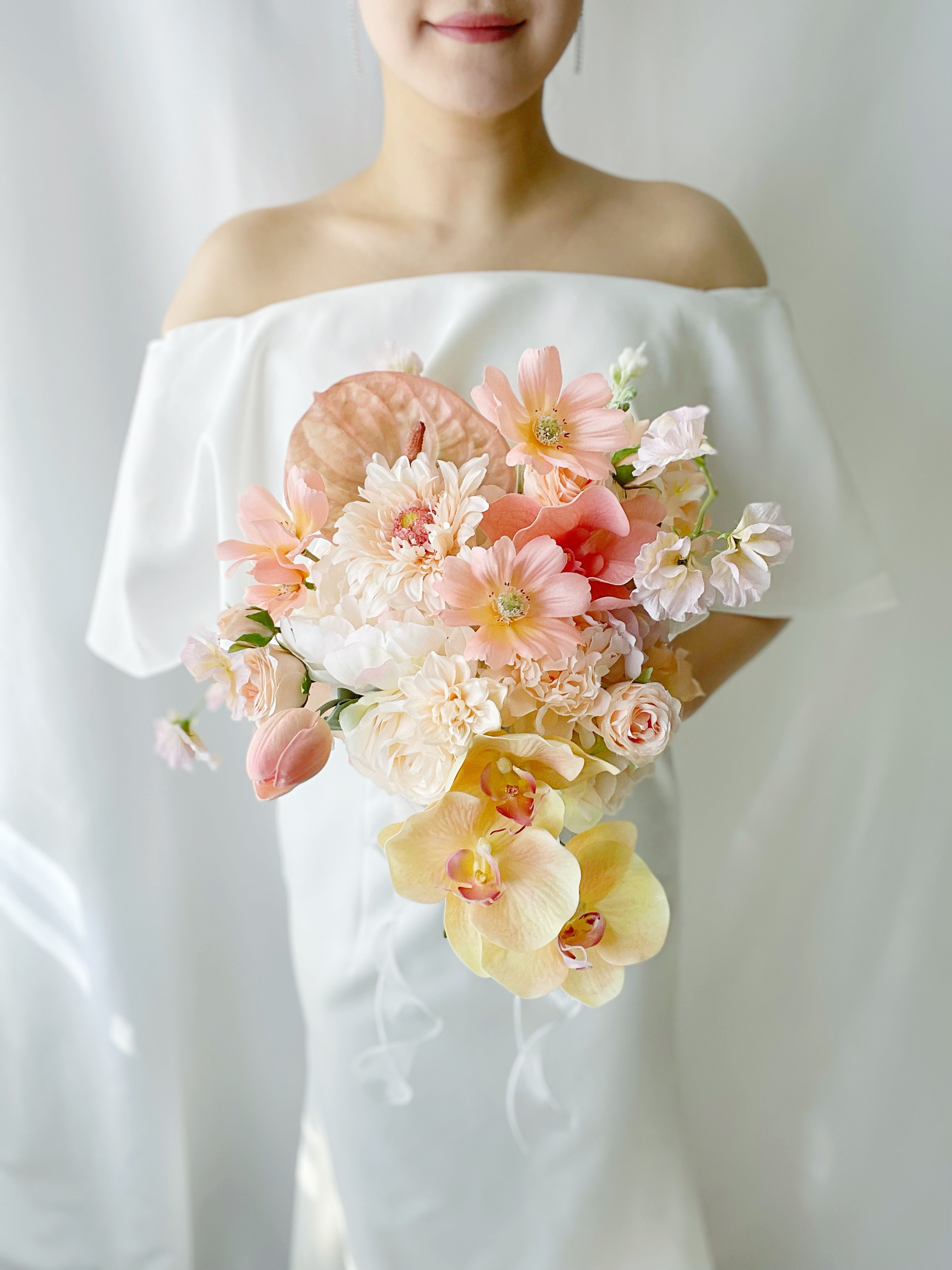 【受注制作】再販2回目　ピーチコスモスブーケ　コスモスブーケ　ウェディングブーケ　前撮りブーケ　秋ブーケ