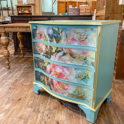 アートチェスト アートインテリア 大柄フラワー張り地 アンティーク