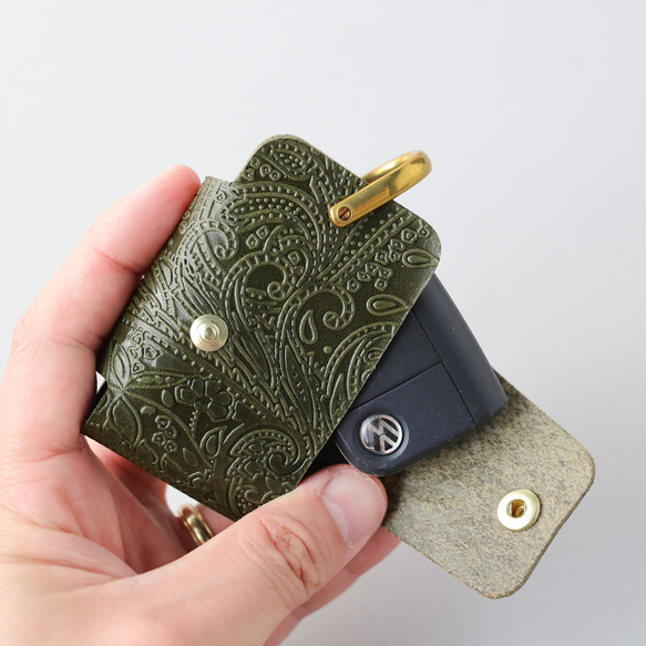 送料無料 栃木レザーペイズリー スマートキー キーケース 真鍮製 シャックル 日本製 キーリング ヌメ革 20枚目の画像