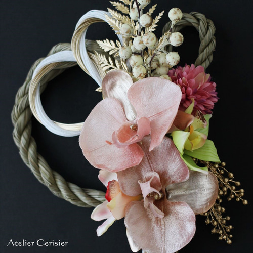 ☆お正月飾り しめ縄＜胡蝶蘭 シャンパンピンク＞ アートフラワー