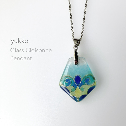五角形のペンダント（青×青緑×黄）-ガラス胎有線七宝- YK-006