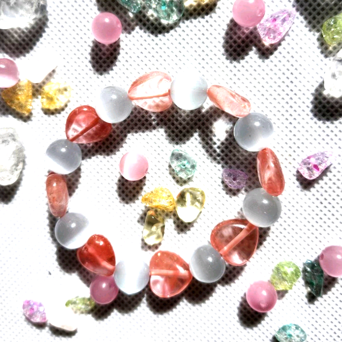 （14）Sweetピンクのハート　スイカ石　　キャッツアイ（ホワイト）　ブレスレット