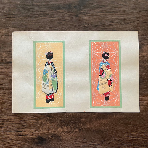 美品大正時代紙袋付◆鈴木崎陽作『長崎NAGASAKI』手摺木版画民芸 4枚絵葉書 大正時代＜本物の美＞舞妓 木版画 初刷 ポチ袋 no.01 版画 antique art