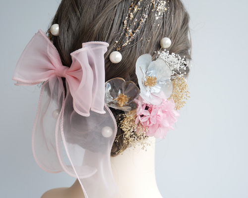 A176 リボン ドライフラワー ピンク ホワイト 髪飾り 紐 水引 卒業式