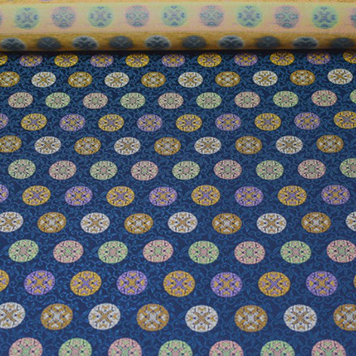 御召 両面織 唐草模様×菊模様 正絹 反物 金襴 正絹 浮唐草に浮線菊 鉄納戸色（紺系）16付（395-A）☆幅