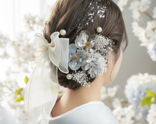 本物紫陽花❤️スワロ使用♪シルバーリボンのキラキラヘアピン❤️ A178 リボン ドライフラワー オフホワイト シルバー 髪飾り 紐 水引