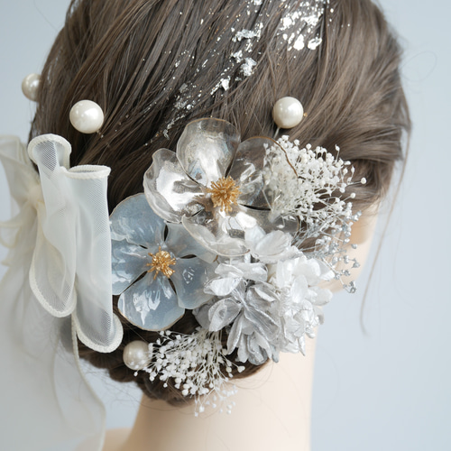 A178 リボン ドライフラワー オフホワイト シルバー 髪飾り 紐 水引