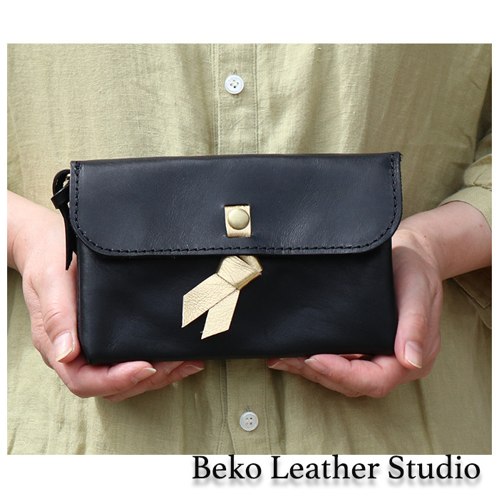 リボン付き大きな２層の長財布/とても大きな財布/gift-black-gold