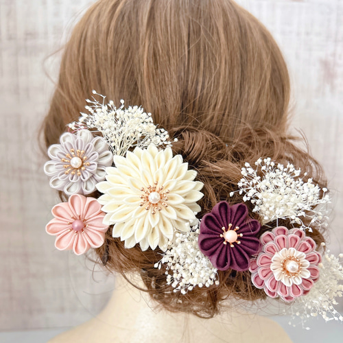 つまみ細工髪飾り【くすみカラー】pink 成人式 七五三 和装 着物 卒業