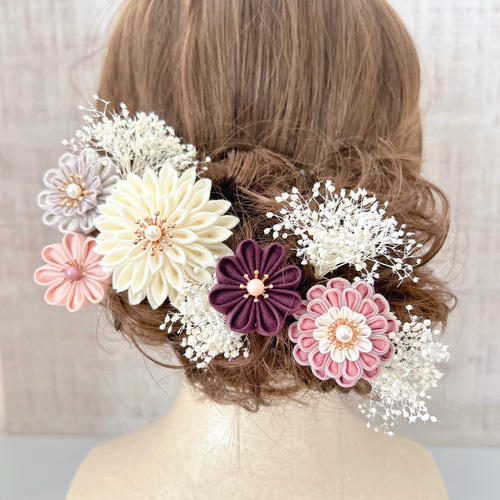 つまみ細工髪飾り成人式結婚式 N8 つまみ細工 髪飾り 黒 卒業式 袴 結婚式 ドライフラワー 成人