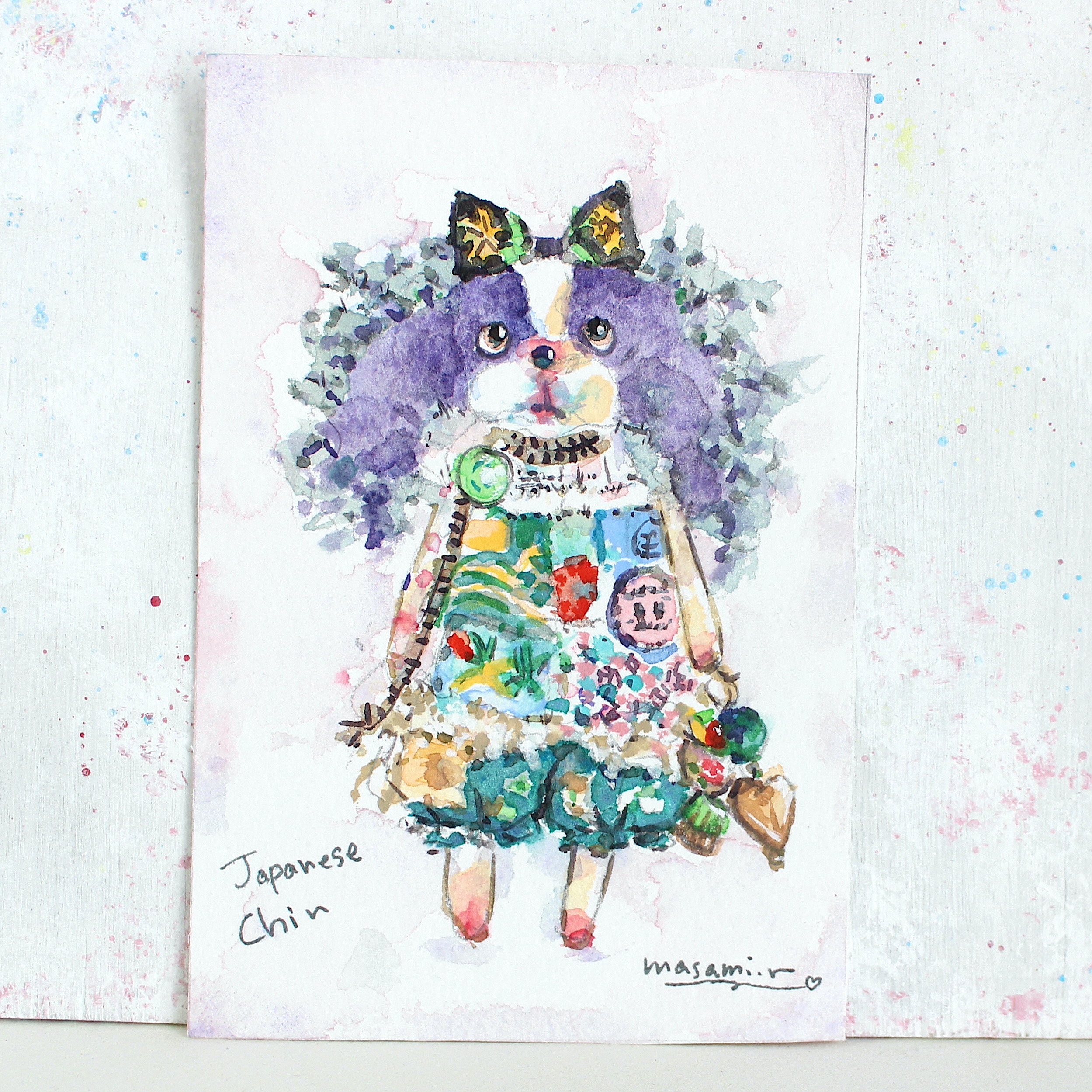 狆のミニぬいぐるみ 水彩画イラスト 原画 はがきサイズ