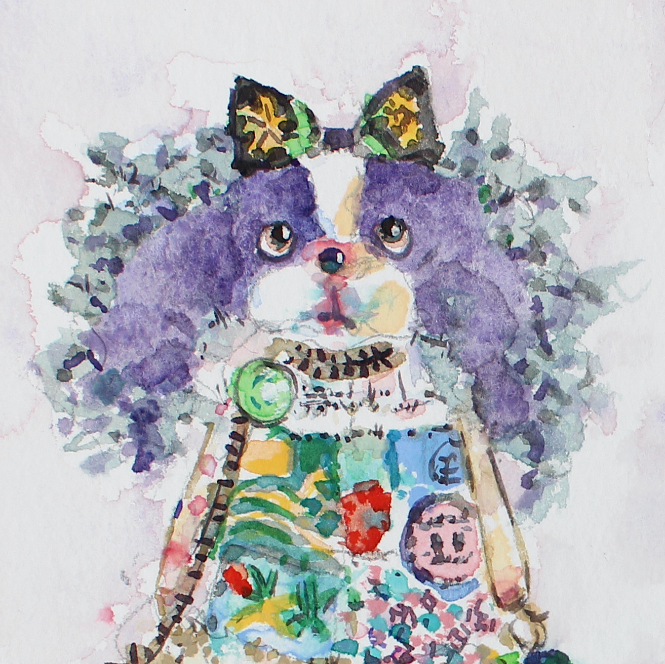 狆のミニぬいぐるみ 水彩画イラスト 原画 はがきサイズ イラスト