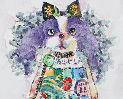 水彩画「可愛い人形」 狆のミニぬいぐるみ 水彩画イラスト 原画 はがきサイズ イラスト
