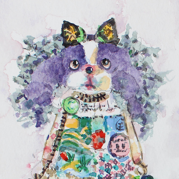 狆のミニぬいぐるみ 水彩画イラスト 原画 はがきサイズ イラスト