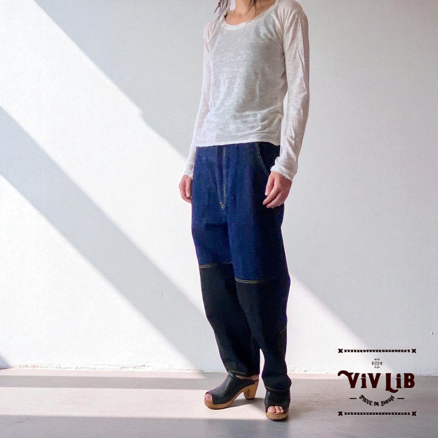 男女兼用/岡山セルビッチデニム×ブラック 切り替えサルエルパンツ