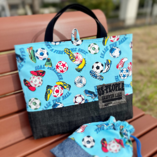 【入園準備】サッカーボール柄　レッスンバッグなど シンプルサッカーボール◎底布3枚付【入園・入学 3点セット】 手作り