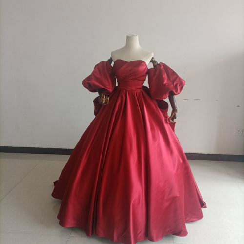 人気上昇！カラードレス ボルドー色 ベアトップ 取り外し袖 ふっくら  