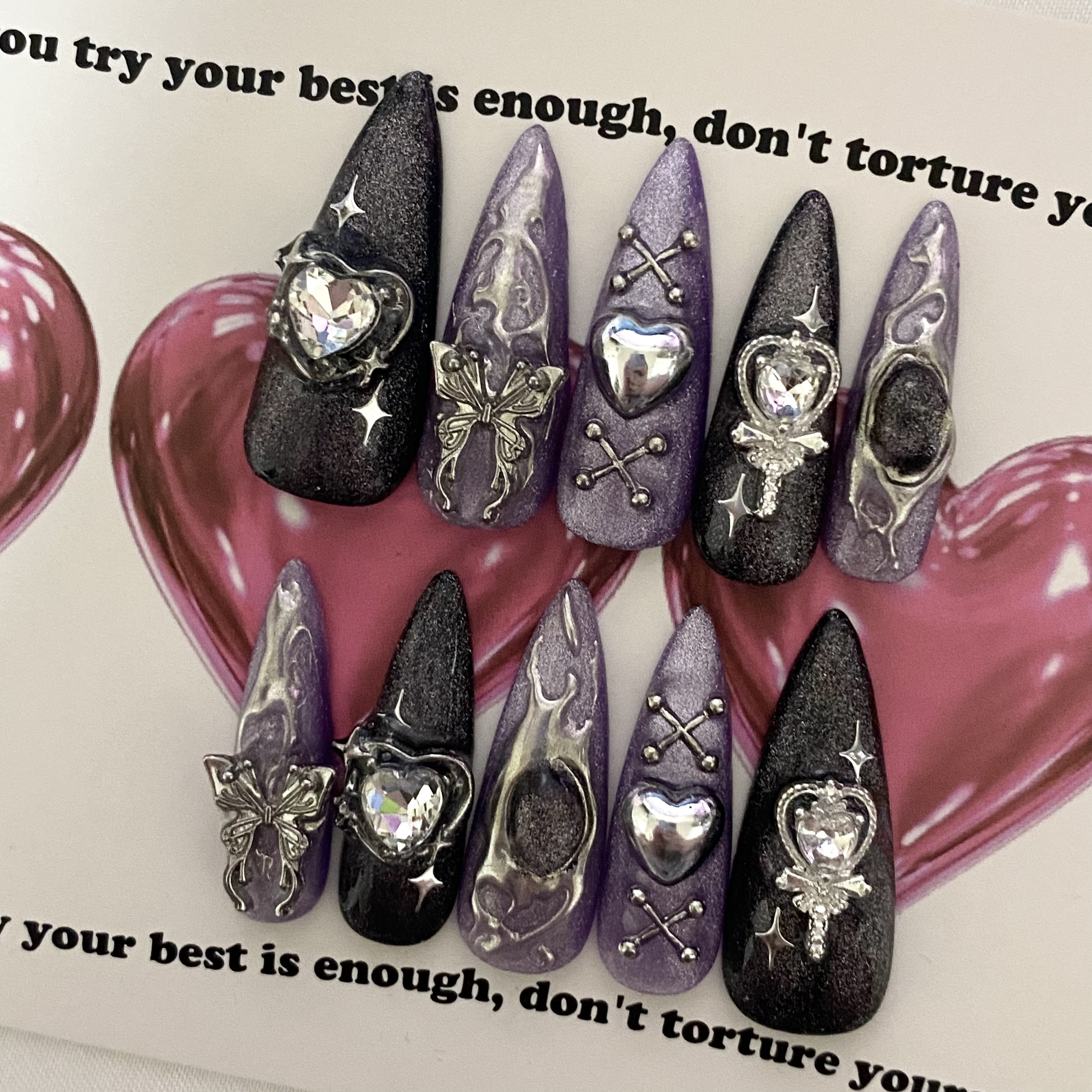 design187】y2k ブラックパープルネイルチップ ネイルチップ（つけ爪  