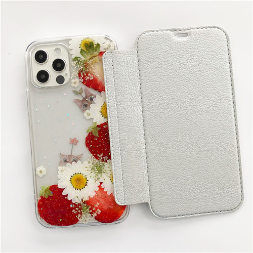 いちご 猫ケース 押し花ケース 手帳型 iPhone17Pro/17Air/17ProMax/16e