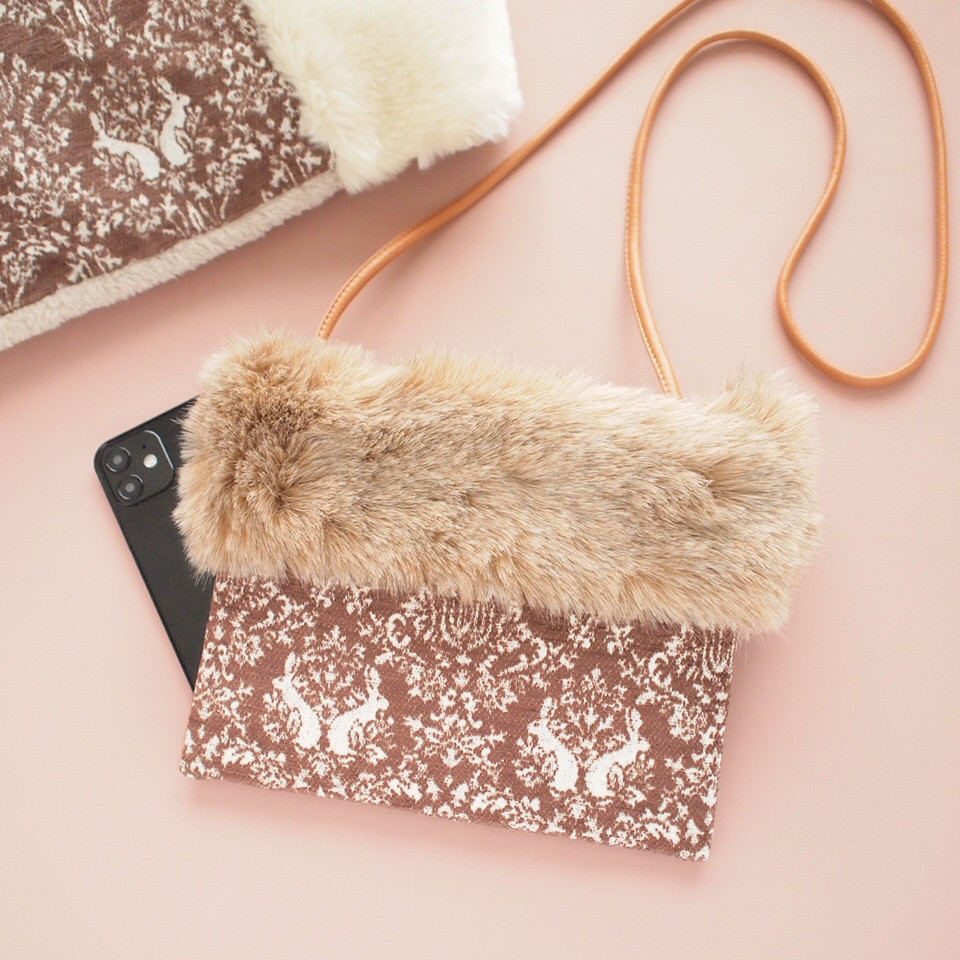 うさぎ柄ジャガード×ファー・着せ替えミニショルダー　rabbit fabric ×fur bag
