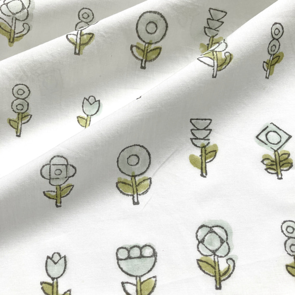 インド ブロックプリント生地 [55cm単位] Sanganeri フラワーフィールド グリーン 花 CH IF0096 1枚目の画像