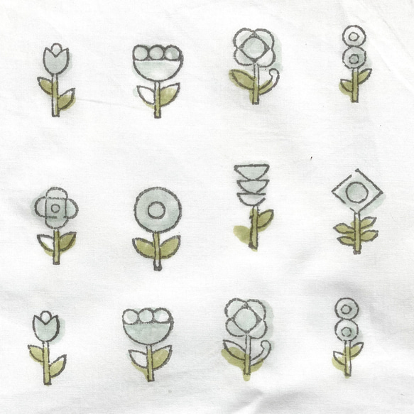 インド ブロックプリント生地 [55cm単位] Sanganeri フラワーフィールド グリーン 花 CH IF0096 2枚目の画像