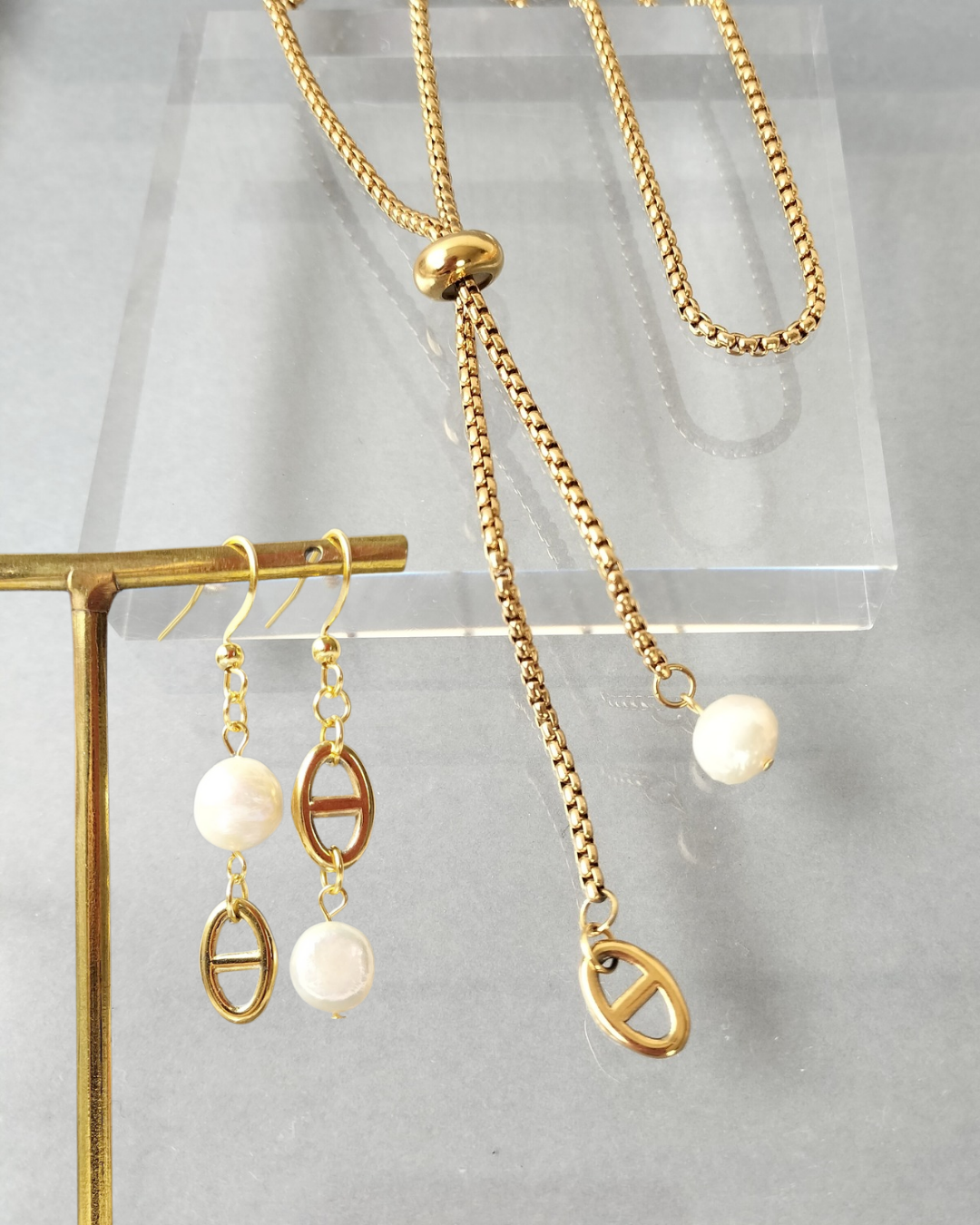 アンカーチェーン淡水パール　ピアス　イヤリング　&ネックレス【ゴールド　アレルギー対応　サージカルステンレス】