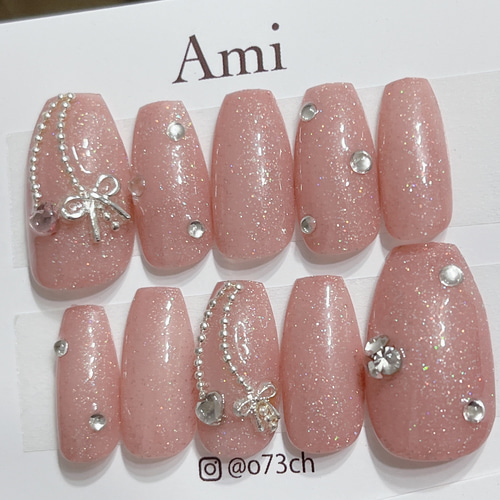 ネイルチップ＊リボンハートパーツチャーム ガーリー ピンク シルバー