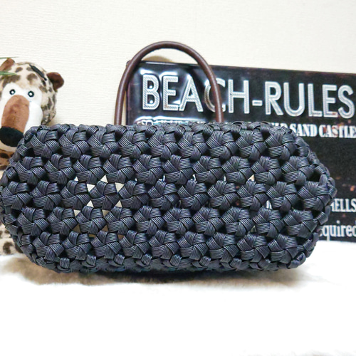 再)クラフトバンド＊かごバッグL/花結び✤ブラック×プルシャンブルー