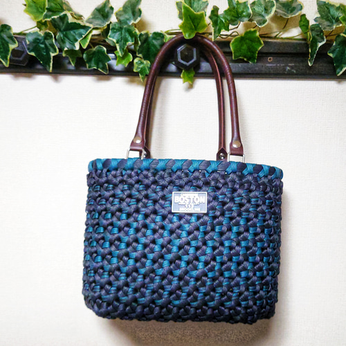 再)クラフトバンド＊かごバッグL/花結び✤ブラック×プルシャン