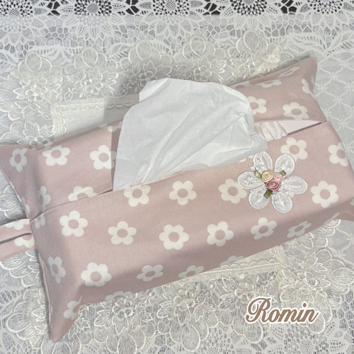 ボックスティッシュカバー北欧風花柄ブラックhandmade